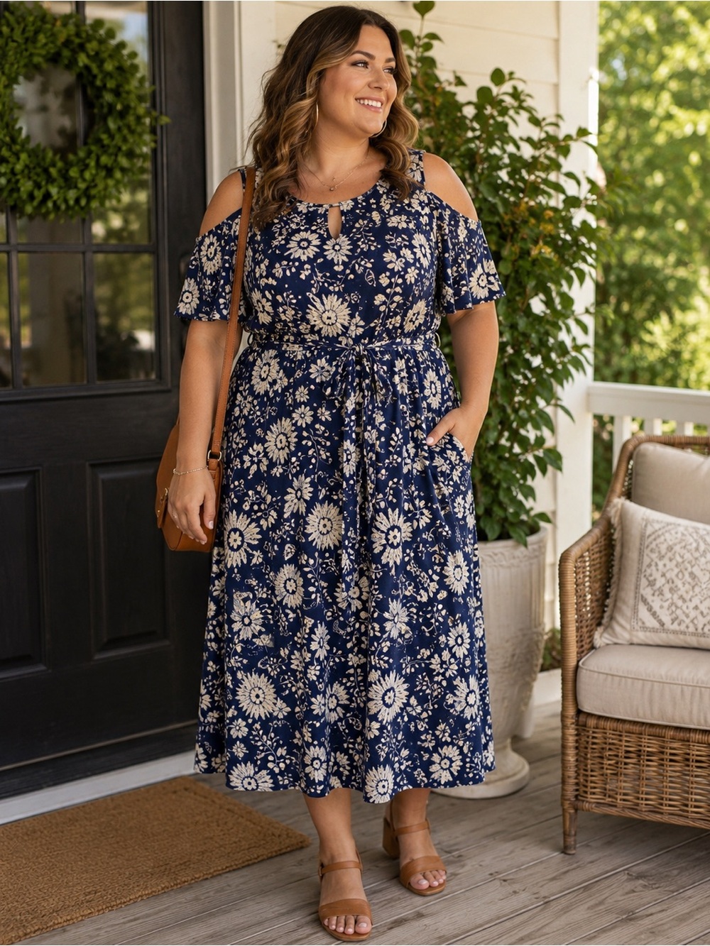Lucky Brand Navy Floral Cold-Shoulder Midi Dress Cottagecore boho chic